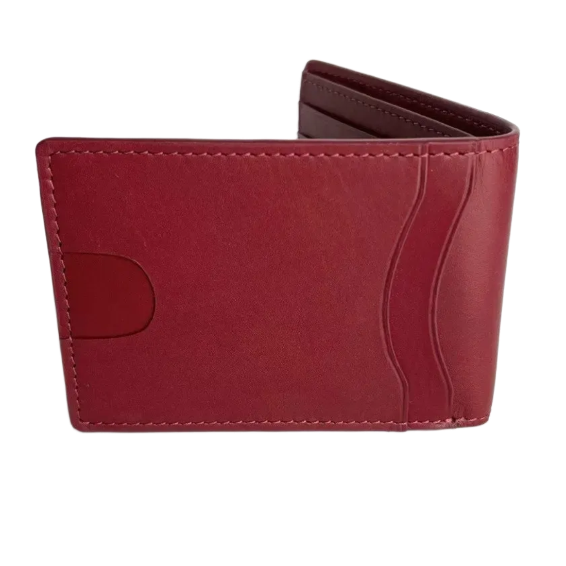 A red leather bifold wallet standing open on a white studio background, showing card slots and a snap-button closure.