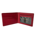 A red leather bifold wallet shown open, displaying its interior card slots and an ID window with a custom 'HEDONIST' business card insert. A debossed hexagonal logo is visible on the lower left interior corner.