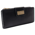 A black pebbled leather zip-around wallet with a gold-tone metal brand plaque on the front flap.