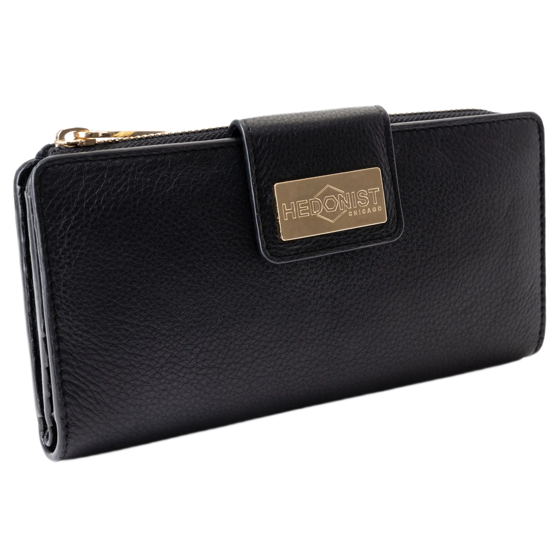 A black pebbled leather zip-around wallet with a gold-tone metal brand plaque on the front flap.