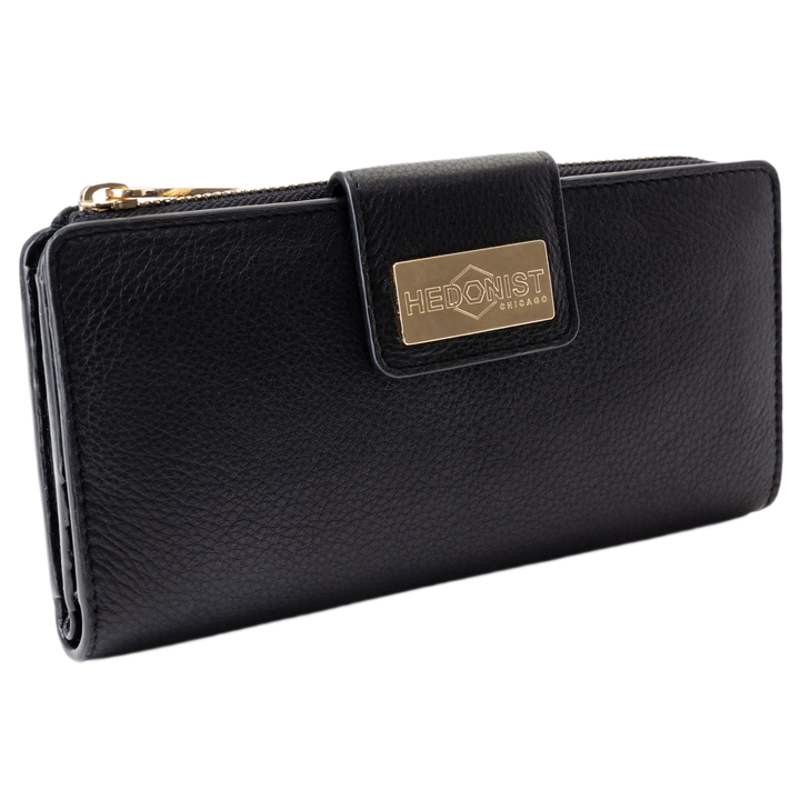 Black pebbled leather travel wallet with gold-tone Hedonist Chicago plaque on the front flap