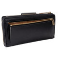 A black pebbled leather zip-around wallet with gold-tone metal zippers and a small gold logo emblem on the zipper pull.