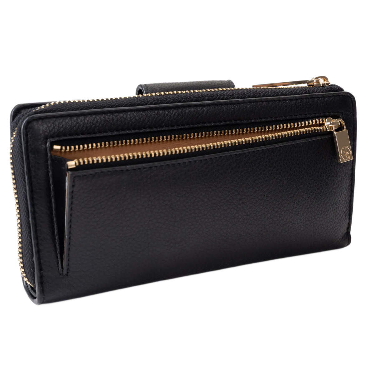 A black pebbled leather zip-around wallet with gold-tone metal zippers and a small gold logo emblem on the zipper pull.