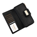 Black leather wallet shown open, displaying multiple card slots, a zip pocket, and a gold-tone logo plate.