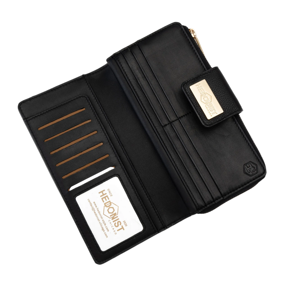 Black leather wallet shown open, displaying multiple card slots, a zip pocket, and a gold-tone logo plate.