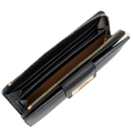 A black leather zip-around wallet shown open to reveal multiple card slots, a brown interior lining, and gold-tone metal zippers and hardware.