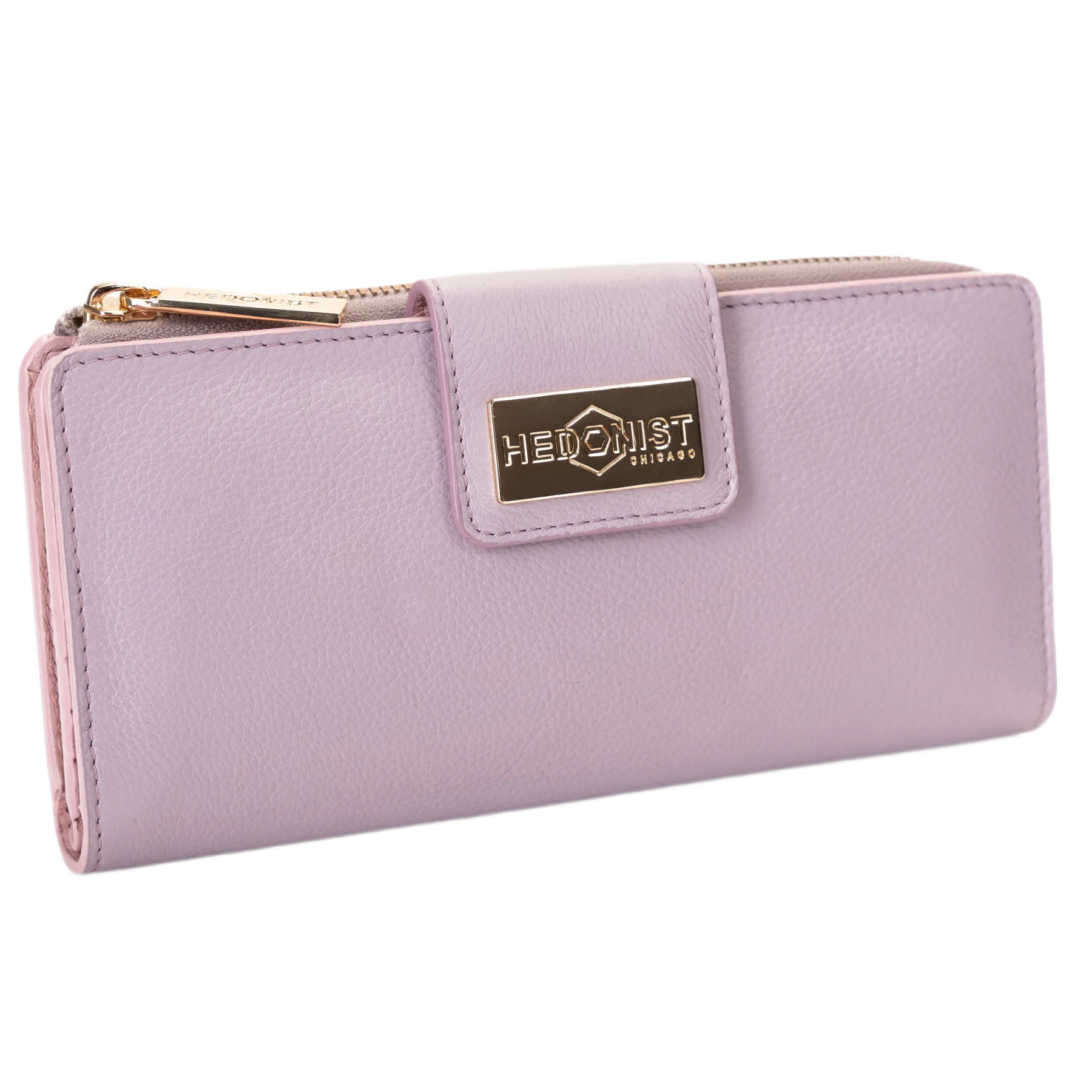 A pink pebbled leather zip-around wallet with a gold-tone metal brand plaque reading Hedonist Chicago