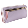 A light lilac leather zip-around wallet with a gold-tone zipper and a pink interior pocket, shown on a white background.