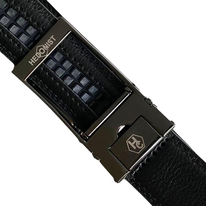 Dress Black Leather Belt for Men with Ratchet Buckle 1.15" by Hedonist Chicago buckle view