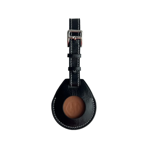 A black leather AirTag Holder with a teardrop-shaped body, white contrast stitching, a silver metal buckle