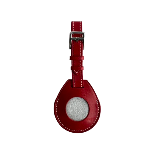 A dark red leather AirTag Holder with a silver metal buckle 