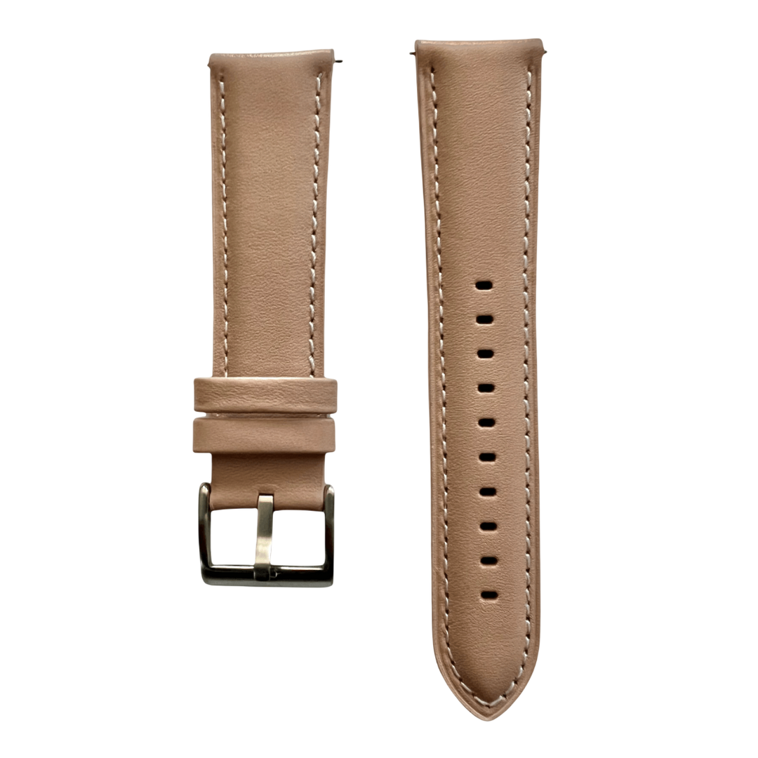 Beige pink leather watch band with quick release bars, front view