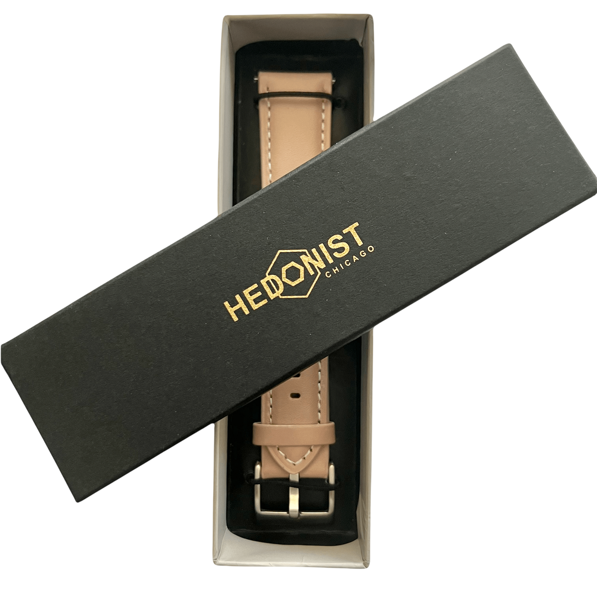 Beige pink leather watch band, close-up of logo detail