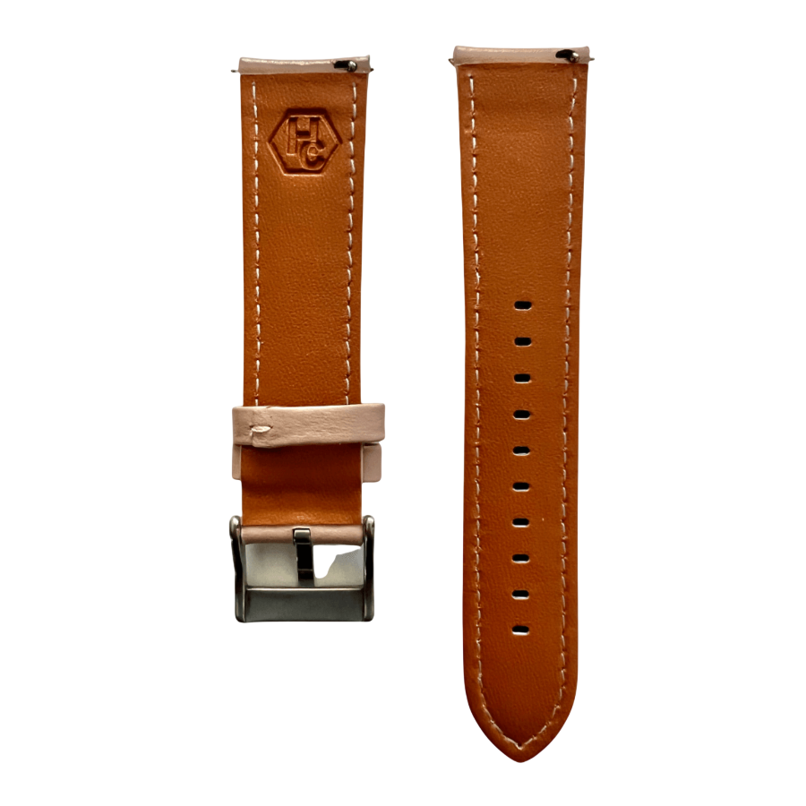 Beige pink leather watch band with quick release bars, top view