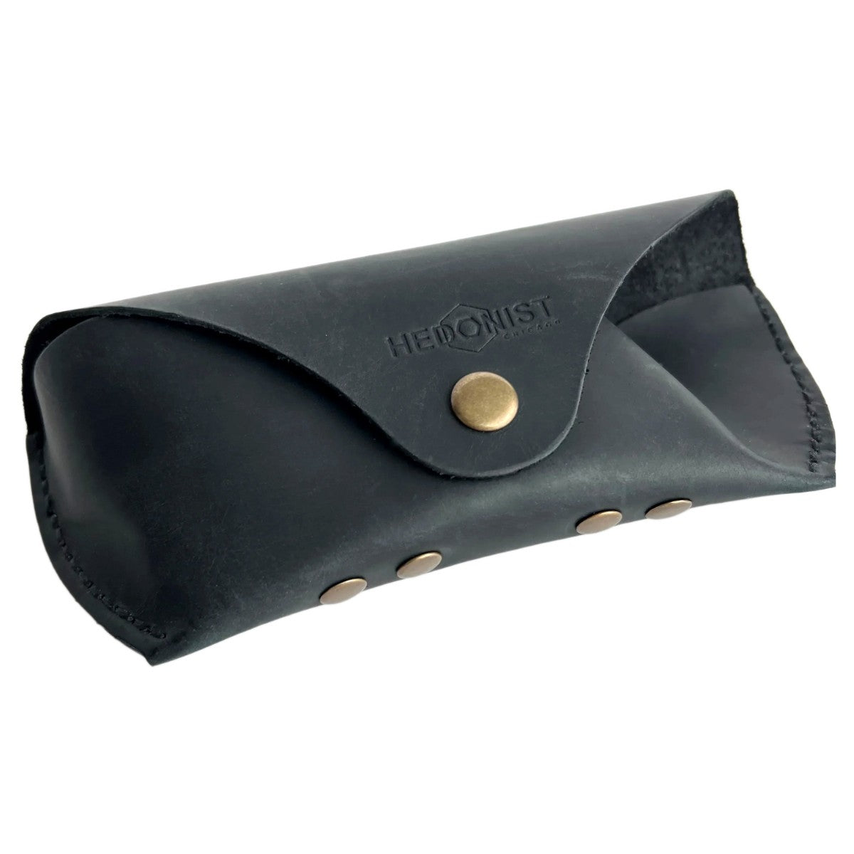 Soft Leather Eye Glasses Case in Black, angled view showing stitched edge and rivets