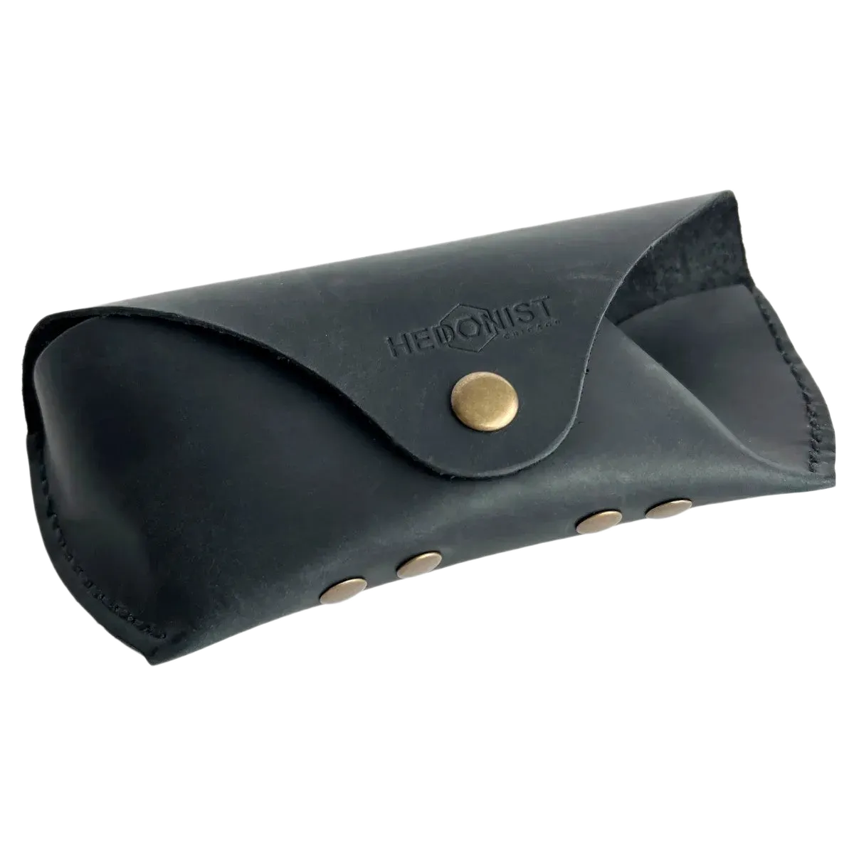 Soft Leather Eye Glasses Case in Black, angled view showing stitched edge and rivets