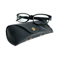 Soft Leather Eye Glasses Case in Black with black-framed eyeglasses resting on top