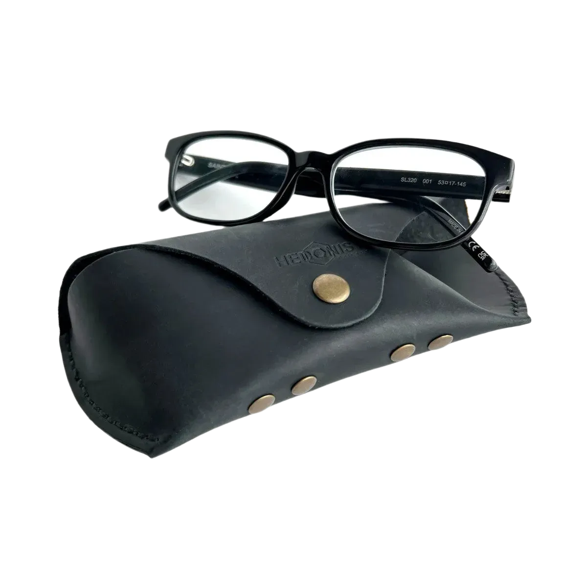 Soft Leather Eye Glasses Case in Black with black-framed eyeglasses resting on top