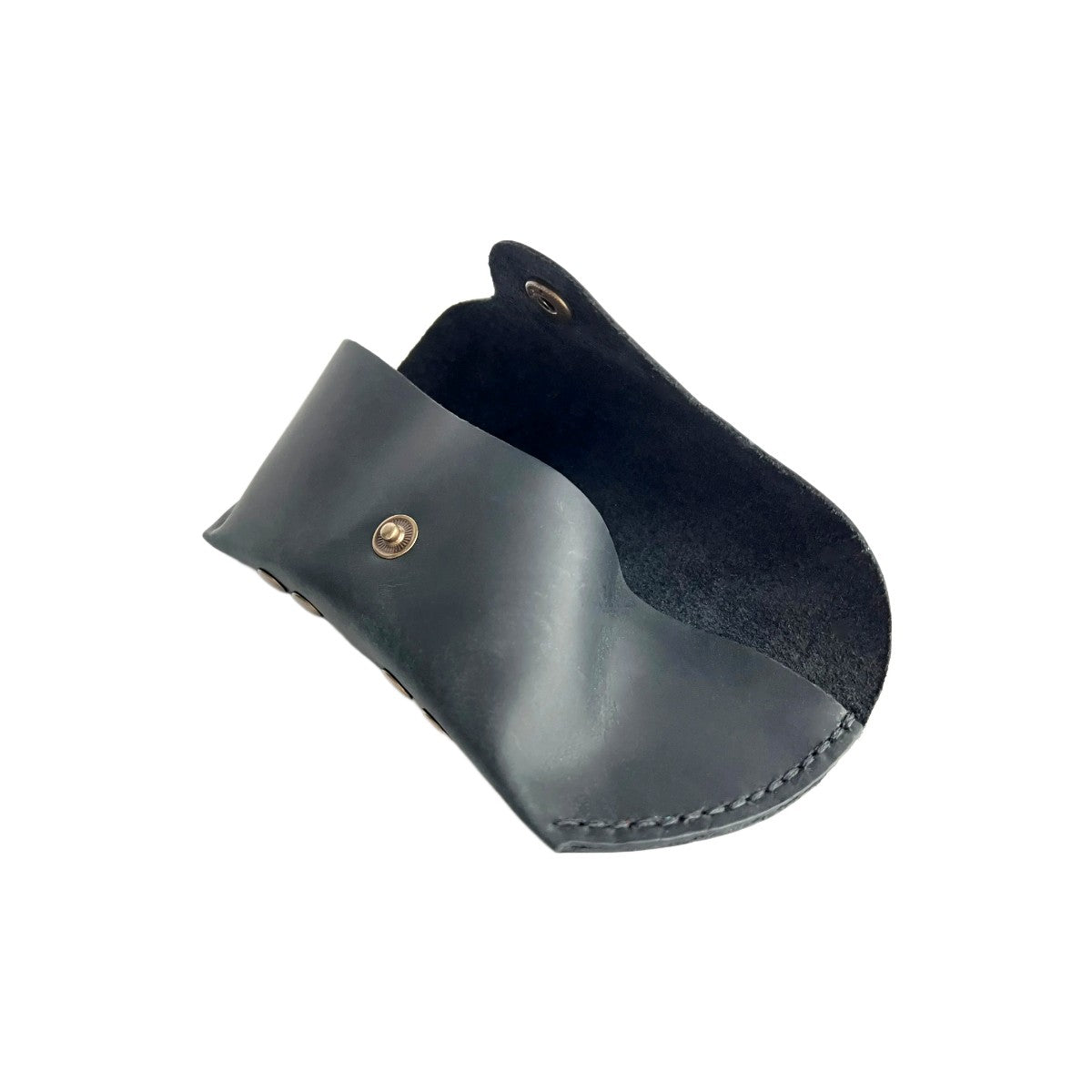Soft Leather Eye Glasses Case in Black, open, showing the suede-lined interior