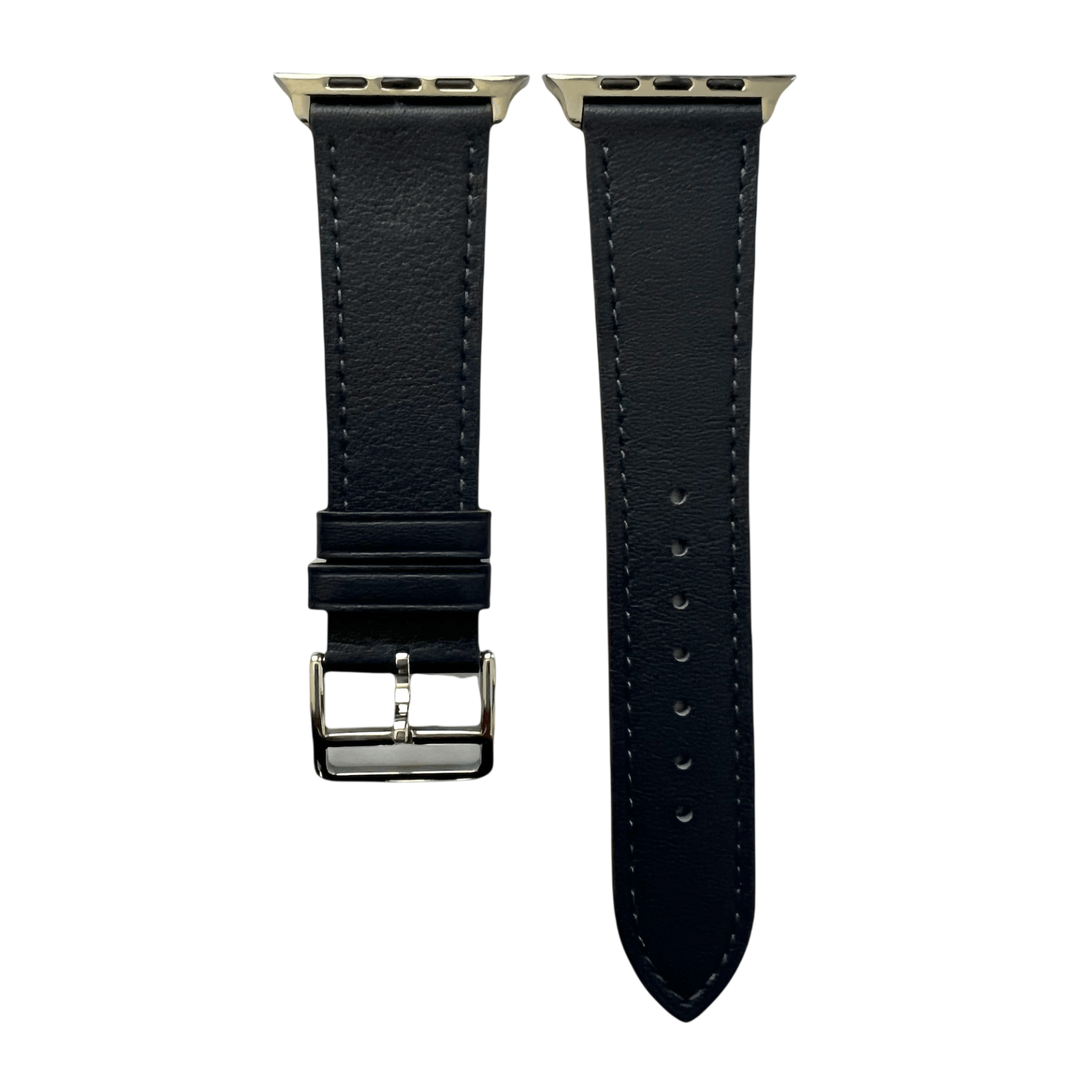 Black leather Apple Watch band, two-piece strap with buckle and holes