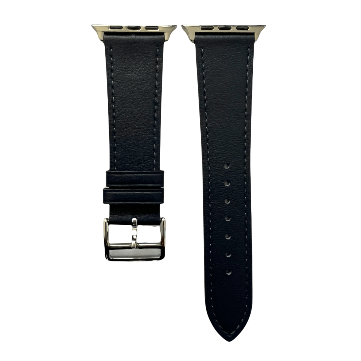 Black leather Apple Watch band, two-piece strap with buckle and holes