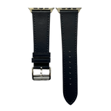 Black leather Apple Watch band, two-piece strap with buckle and holes