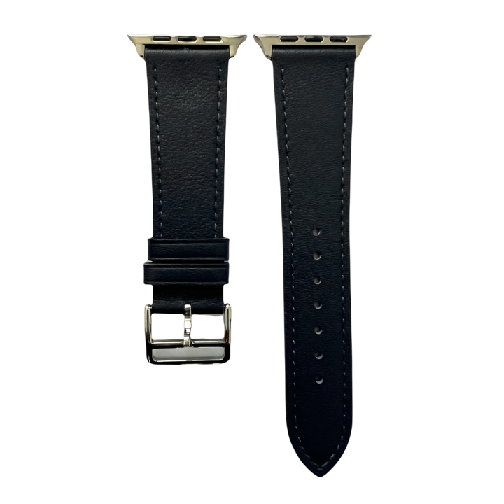 Black leather Apple Watch band, two-piece strap with buckle and holes