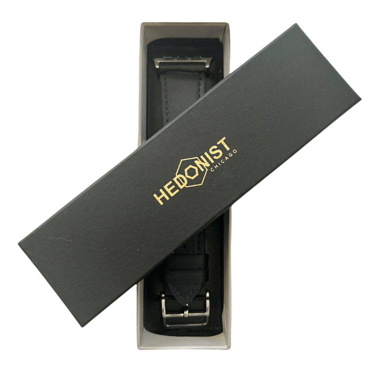 Black leather Apple Watch band, presented in gift box