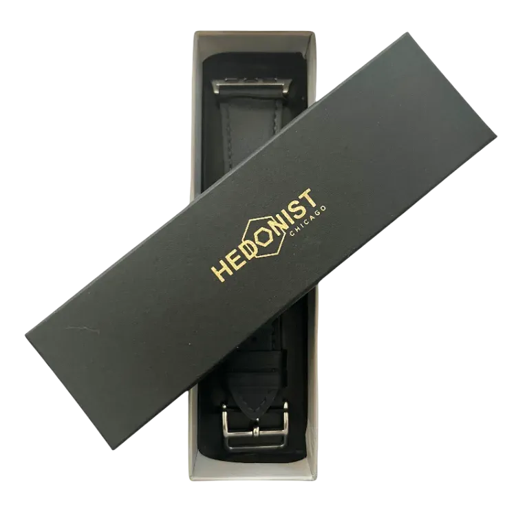 Black leather Apple Watch band, presented in gift box