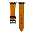 Black leather Apple Watch band, side view with stainless steel lugs
