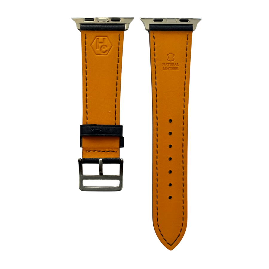 Black leather Apple Watch band, side view with stainless steel lugs