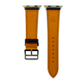 Black leather Apple Watch band, side view with stainless steel lugs