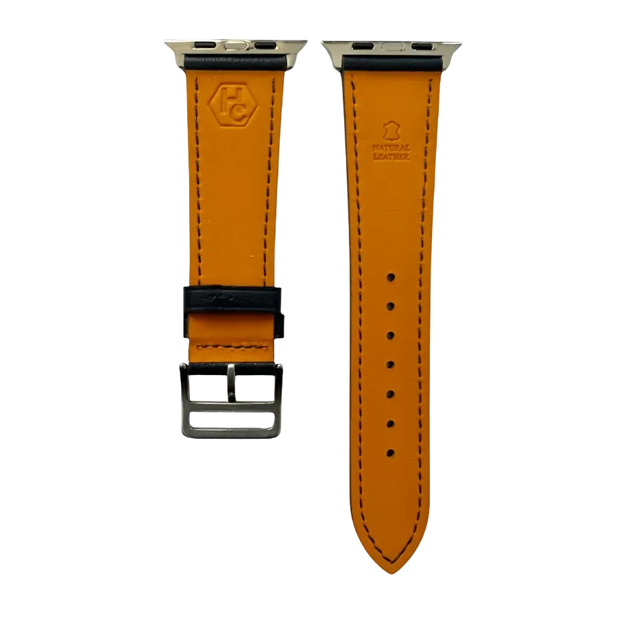 Black leather Apple Watch band, side view with stainless steel lugs