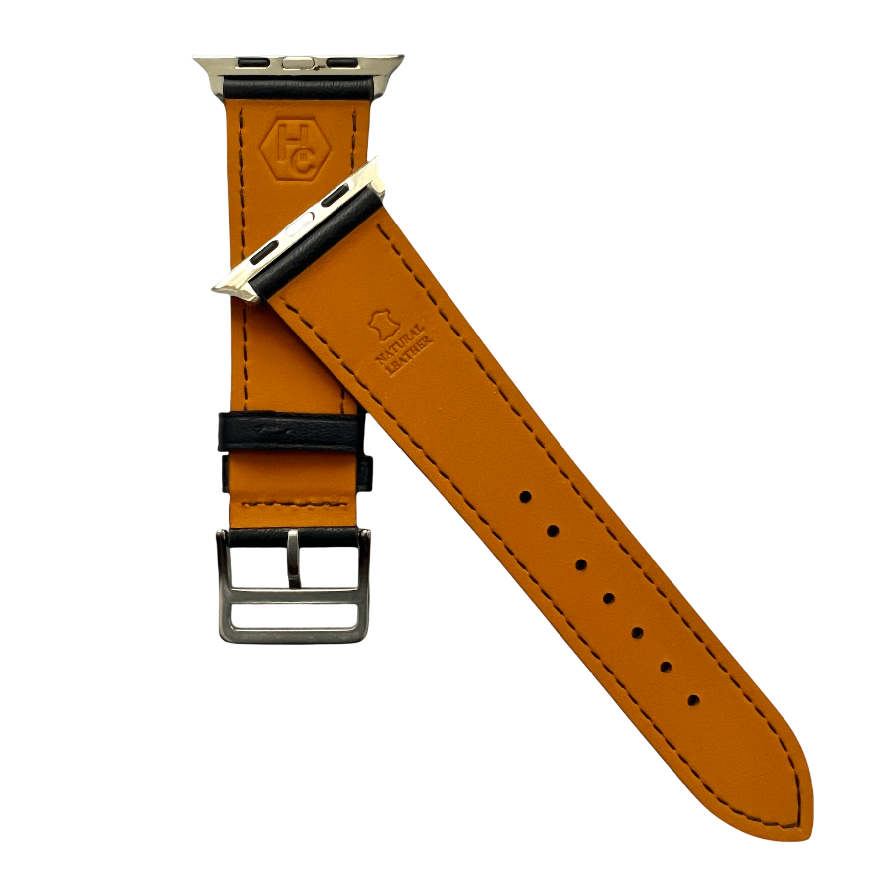 Black leather Apple Watch band, connector and stitching detail