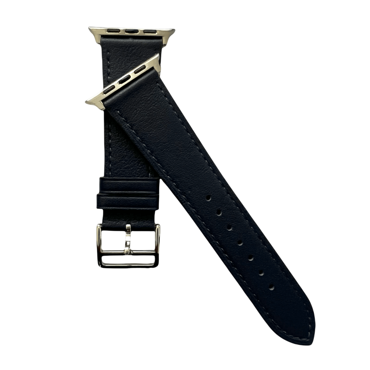Black leather Apple Watch band, texture and buckle detail close-up