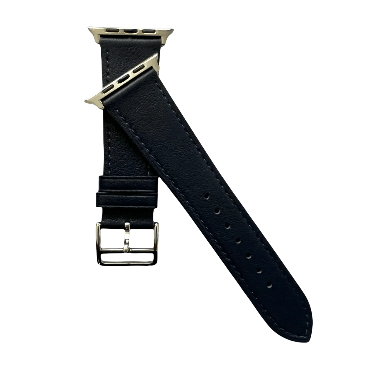 Black leather Apple Watch band, texture and buckle detail close-up