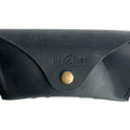 Soft Leather Eye Glasses Case in Black, closed, front view with embossed Hedonist logo and snap closure