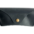 Soft Leather Eye Glasses Case in Black, closed, front view with embossed Hedonist logo and snap closure