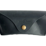 Soft Leather Eye Glasses Case in Black, closed, front view with embossed Hedonist logo and snap closure