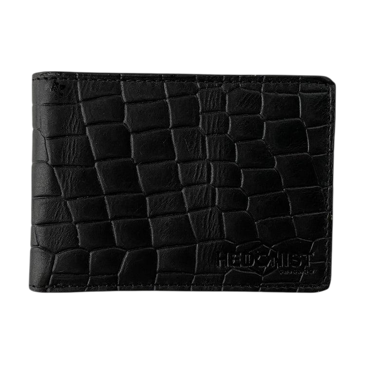 Black croc-embossed bifold wallet and leather belt gift set by Hedonist Chicago