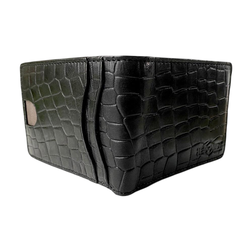 Black croc-embossed bifold wallet and leather belt gift set by Hedonist Chicago