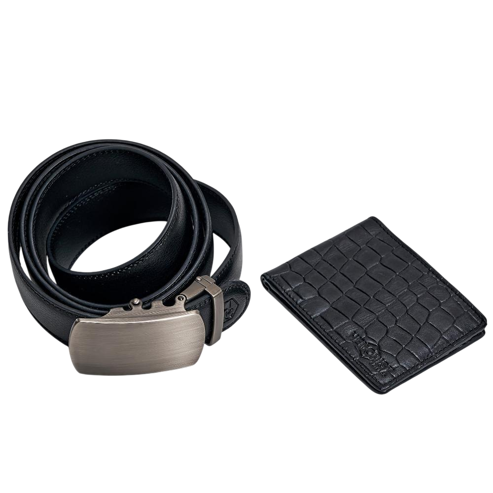 Ultra slim bifold wallet and black croc embossed leather belt set - Hedonist Chicago