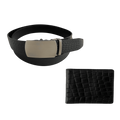 Black croc-embossed bifold wallet and leather belt gift set, open display view