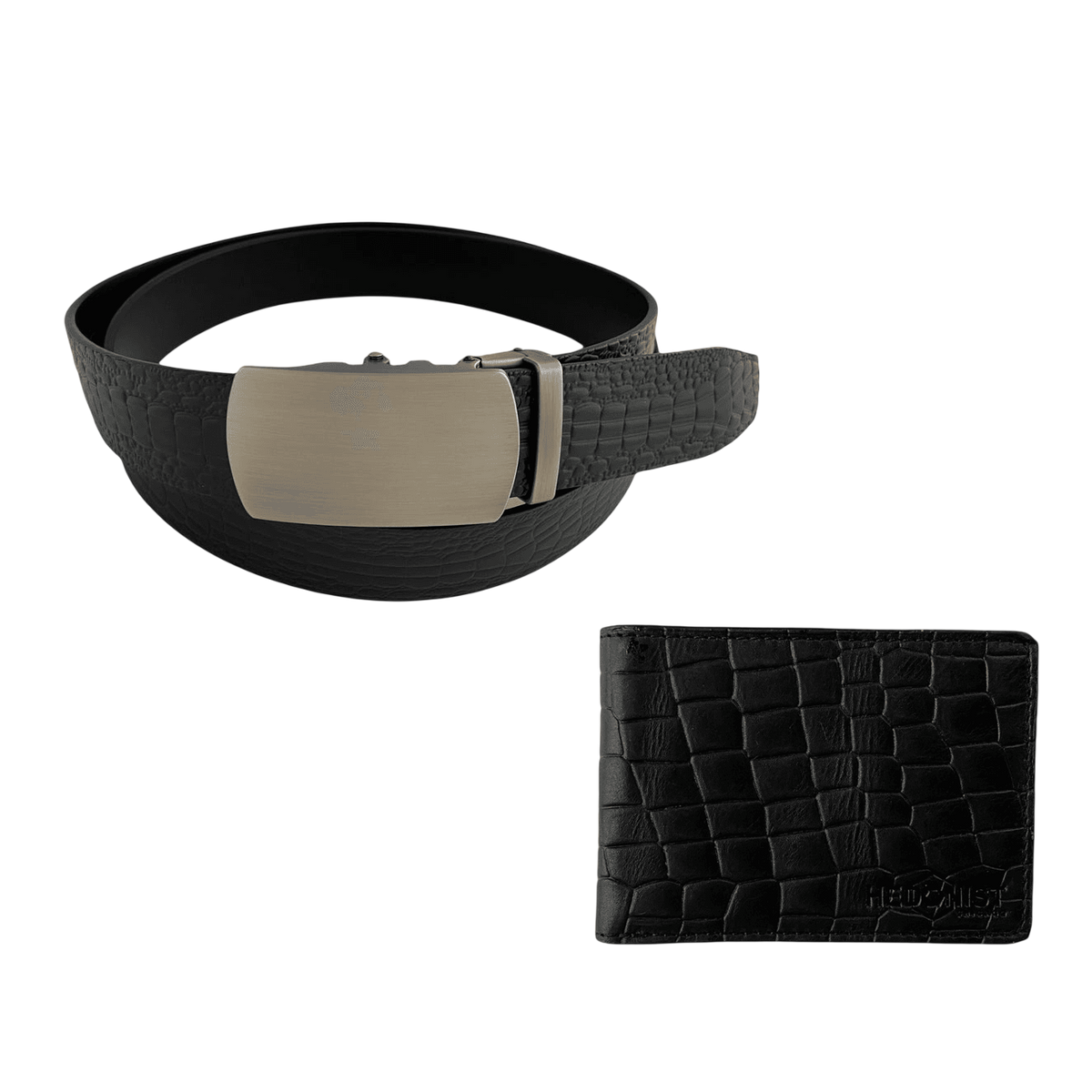 Black croc-embossed bifold wallet and leather belt gift set, open display view