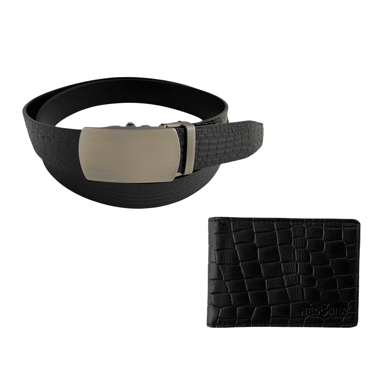 Black croc-embossed bifold wallet and leather belt gift set, open display view