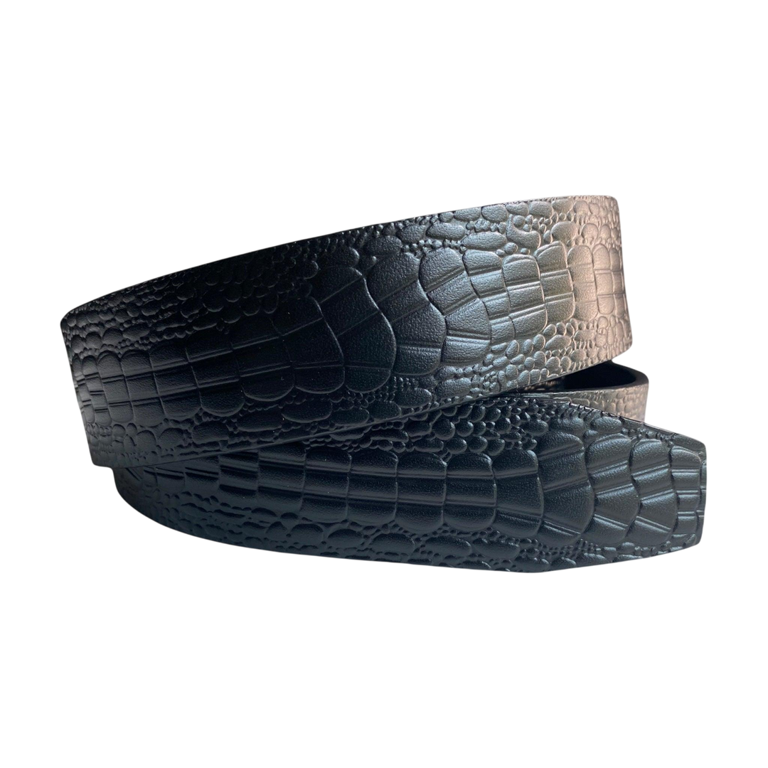 Black croco-embossed leather belt strap, 1.38 inch, classic front view