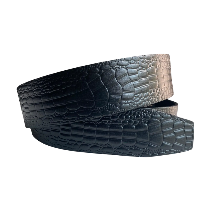 Black croco-embossed leather belt strap, 1.38 inch, classic front view