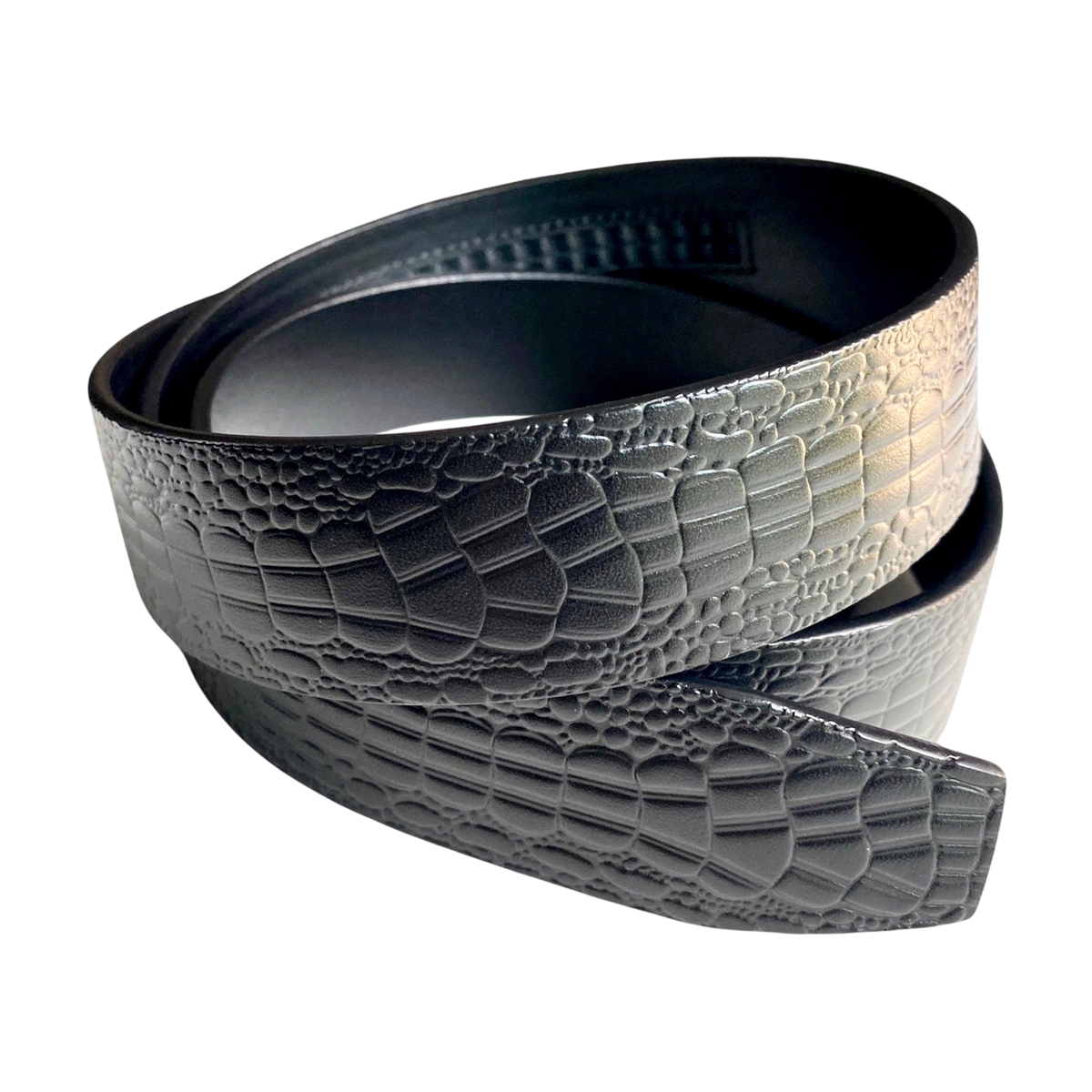 Black croco-embossed leather belt strap, 1.38 inch, texture close-up detail