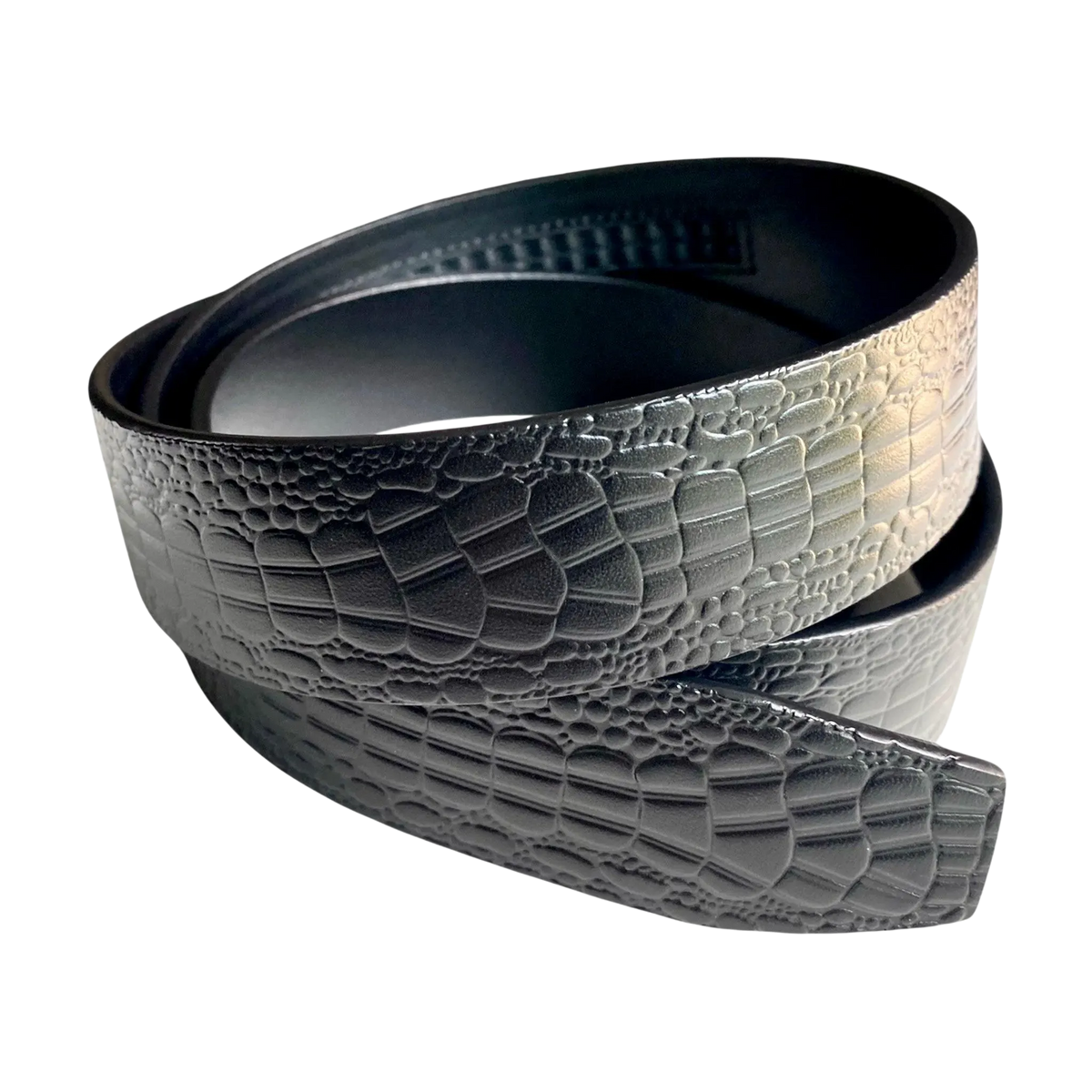 Black croco-embossed leather belt strap, 1.38 inch, texture close-up detail