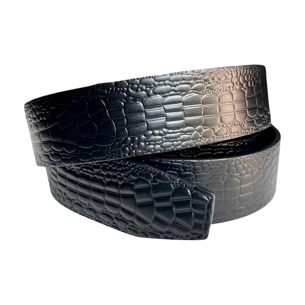 Black croco-embossed leather belt strap, 1.38 inch, signature detail view